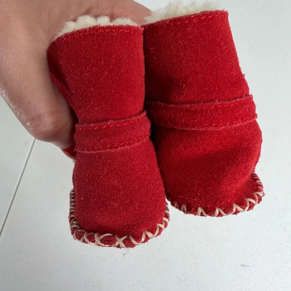 Ralph Lauren Infant Red Suede Shearling Moccasin Booties Pony Logo Soft Sole